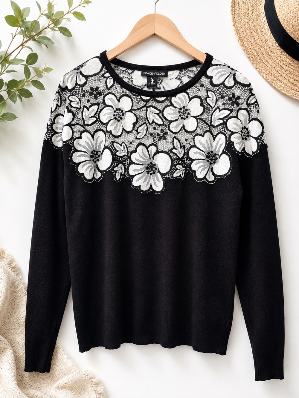 Peace of Cloth Black Floral Lace Knit Sweater Top Long Sleeve Women’s Medium